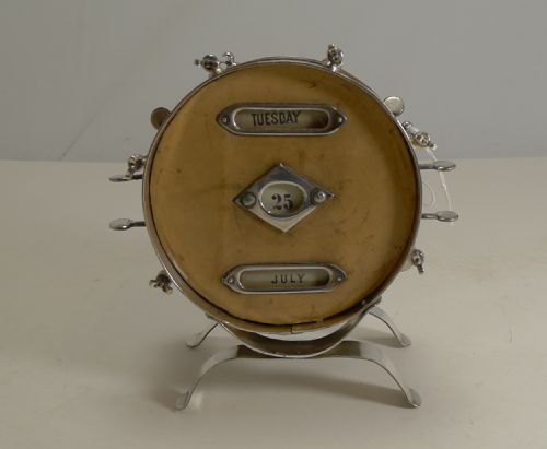 fig 1. Rare Novelty Leather and Nickel Plate Drum Perpetual Calendar c.1910