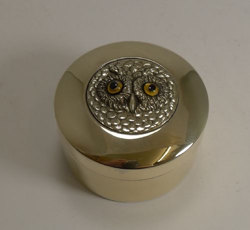 Antique English Brass Box - Owl with Glass Eyes C.1900