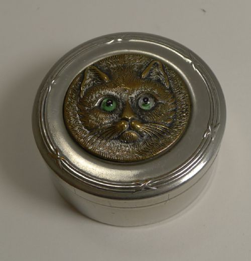 Antique Nickel Box - Brass Cat with Glass Eyes C.1900