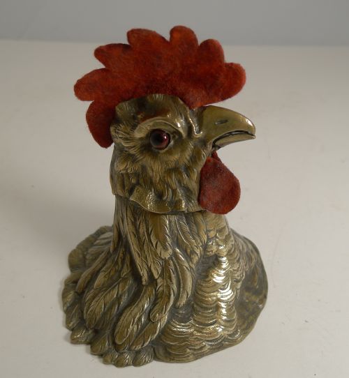 Antique English Cockerel / Rooster Combined Inkwell / Letter Clip and Nib Wipe C.1880