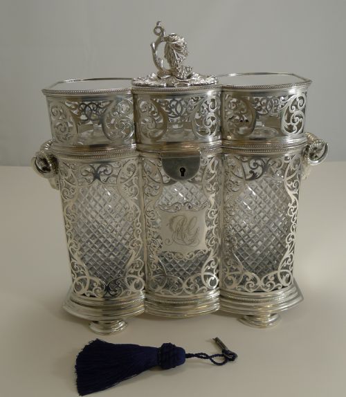 HEIRLOOM QUALITY THREE BOTTLE DECANTER BOX TANTALUS BY PHILIP ASHBERRY C1870 - ADDITIONAL PHOTO 1