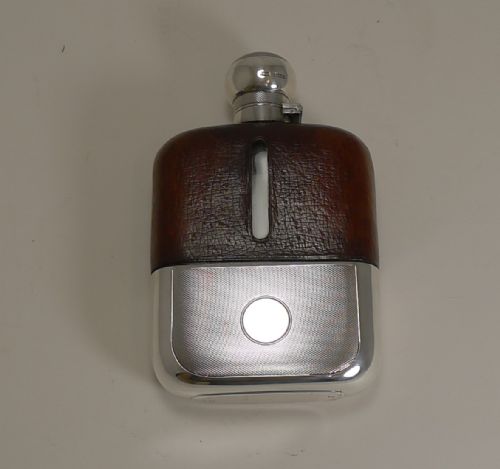 Handsome Cognac Leather and Engine Turned Sterling Silver Hip / Liquor Flask