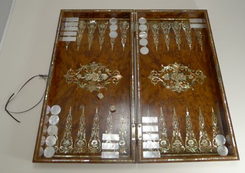 Exquisite English Mother of Pearl Inlaid Amboyna Backgammon Board C.1890