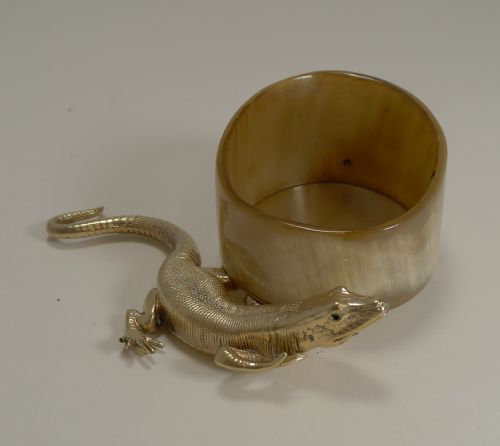 Antique English Horn & Gold Plated Novelty Desk Tidy - Lizard with Glass Eyes C.1880