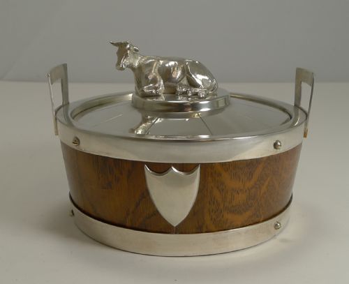 Antique English Oak and Silver Plate Butter Dish C.1890 - Cow