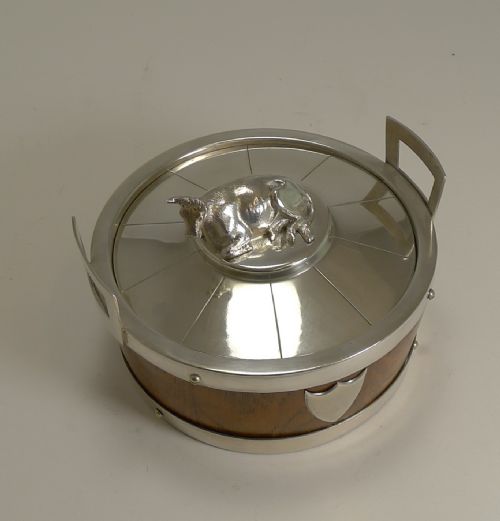 fig 1. Antique English Oak and Silver Plate Butter Dish c.1890 - Cow