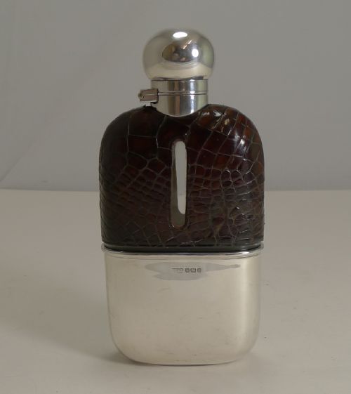 Superb Antique English Sterling Silver and Crocodile / Alligator Hip Flask - 1898