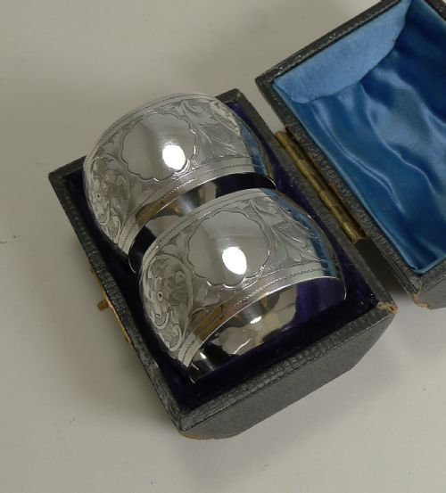 fig 1. Pair Elegant Cased English Sterling Silver Napkin Rings - 1908