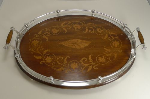 Magnificent Antique English Inlaid Oak Serving Tray with Silver Plated Fittings C.1900