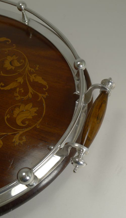 fig 1. Magnificent Antique English Inlaid Oak Serving Tray With Silver Plated Fittings c.1900