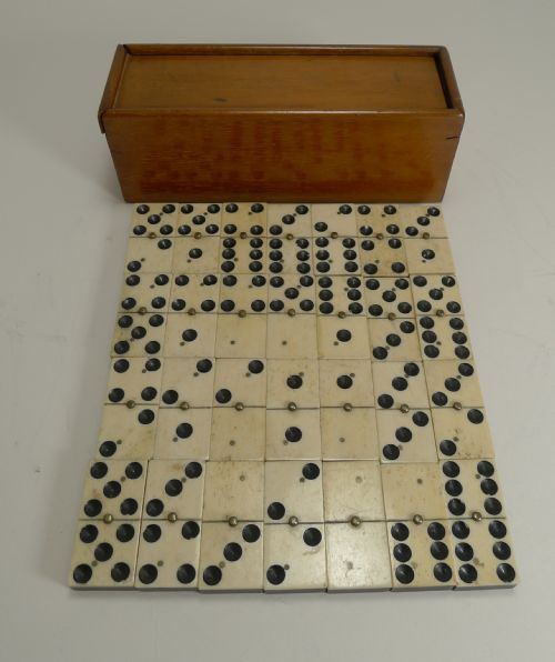 Boxed Set Antique English Bone and Ebony Dominoes C.1910