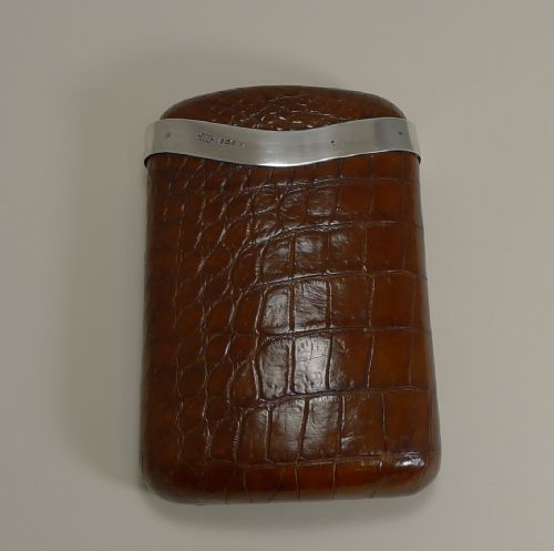 Large Antique English Crocodile / Alligator & Sterling Silver Cigar Case - 1915