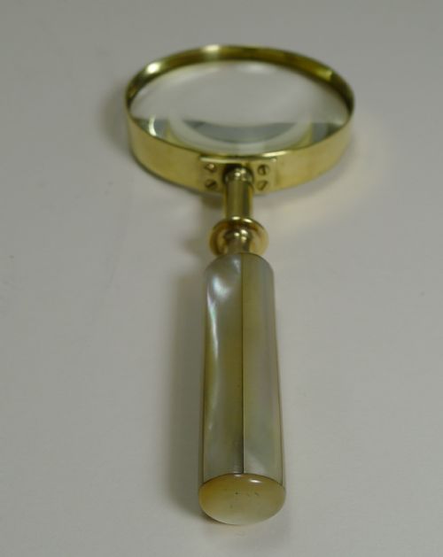 fig 1. Fine Quality Antique English Brass and Mother of Pearl Magnifying Glass c.1890