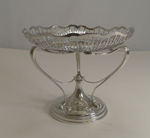 fig 1. Antique English Sterling Silver Art Nouveau Reticulated Tazza / Bowl / Comport - 1906