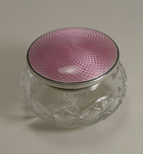 English Sterling Silver and Pink Guilloche Enamel Lidded Powder Box - 1934