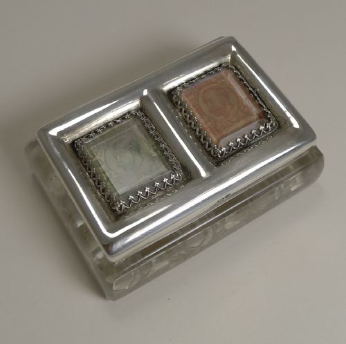 Fine Antique English Cut Crystal and Sterling Silver Double Postage Stamp Box - 1902