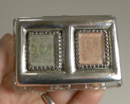 fig 1. Fine Antique English Cut Crystal and Sterling Silver Double Postage Stamp Box - 1902