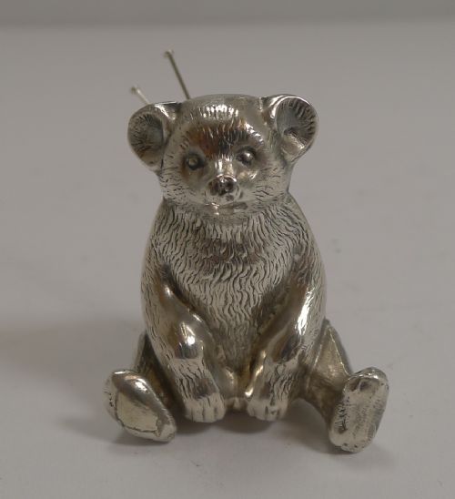 Antique English Novelty Pin Cushion in Sterling Silver - Teddy Bear - 1909