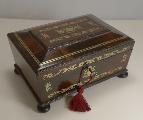 Antique English Cut Brass Inlaid Rosewood Jewellery / Desk Box C.1820