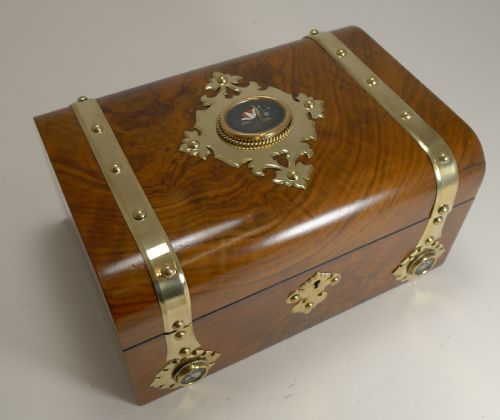 Antique English Burl Walnut Jewellery Box - Brass & Pietra Dura Mounted C.1860