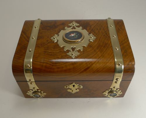 fig 1. Antique English Burl Walnut Jewellery Box - Brass & Pietra Dura Mounted c.1860