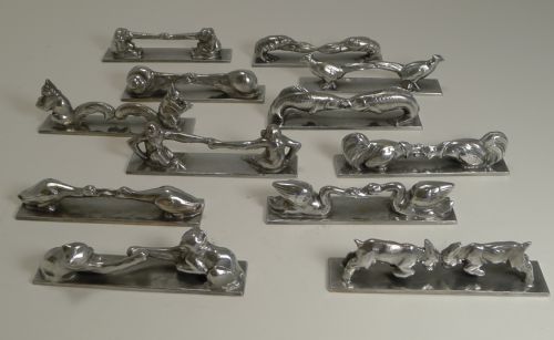 Complete Set 12 Art Deco Knife Rests - French - Signed - Animals