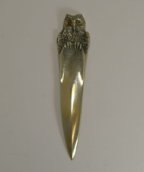 Superb Antique Brass Figural Letter Opener / Paper Knife - Owl C.1900