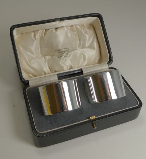 Smart Pair Boxed Vintage English Sterling Silver Napkin Rings - Chester 1924