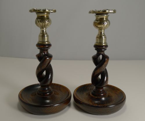 Pair 8" Antique English Oak Open Barley Twist Candlesticks - Brass Thistle Tops