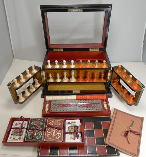 Antique English Glass Coromandel Games Compendium / Box C.1880