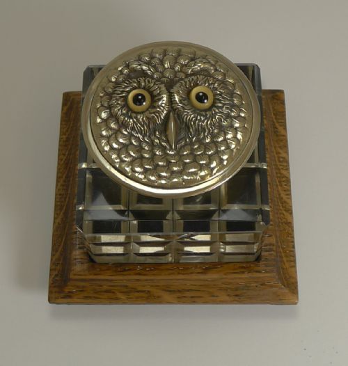 Antique English Novelty Cut Crystal and Brass Inkwell C.1890 - Owl