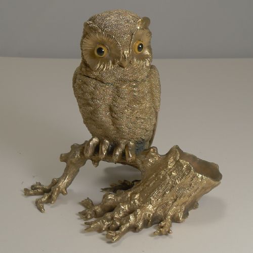 Finest Antique English Gilded Bronze Novelty Inkwell - Owl with Glass Eyes, C.1890