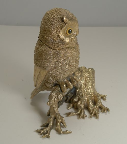 fig 1. Finest Antique English Gilded Bronze Novelty Inkwell - Owl With Glass Eyes, c.1890