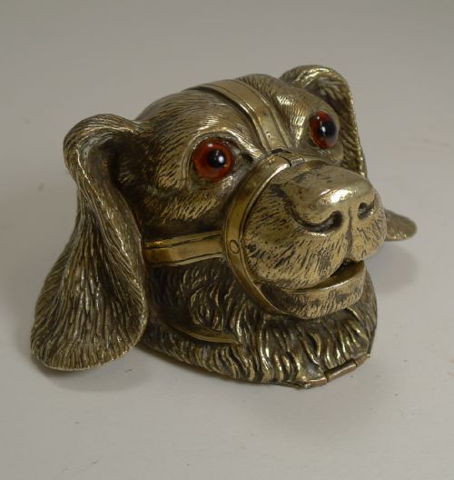 Antique English Novelty / Figural Brass Inkwell - Glass Eyes C.1880