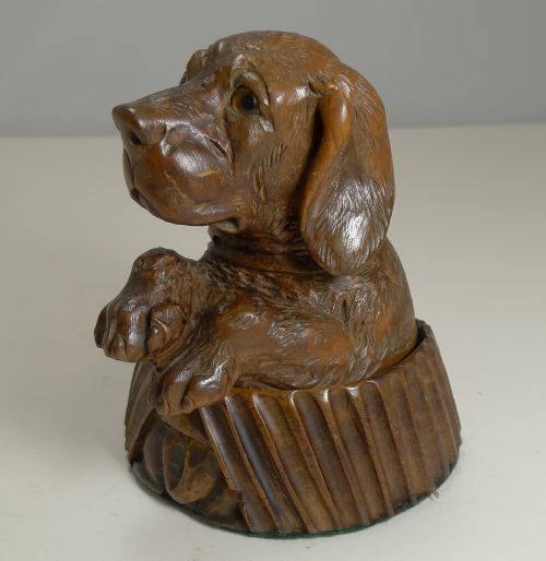 Handsome Antique Carved Black Forest Novelty Inkwell - Dog C.1880