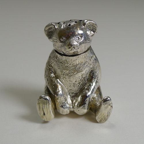 Small Novelty English Edwardian Sterling Silver Teddy Bear Pepperette / Pepper Pot - 1909