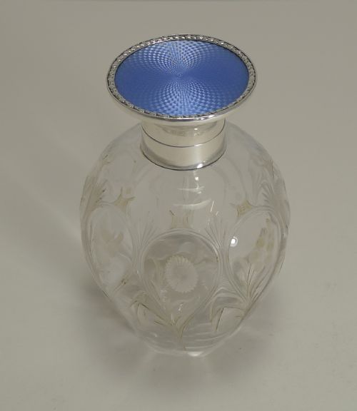 Pretty Antique English Perfume Bottle - Sterling Silver and Guilloche Enamel Top