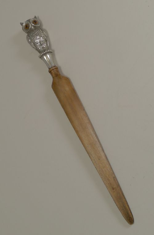 Fabulous Fruitwood Letter Opener - English Sterling Silver Owl - 1907