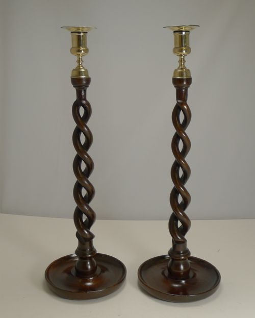 Towering Pair 18 1/2" Solid Oak Open Barley Twist Candlesticks C.1900