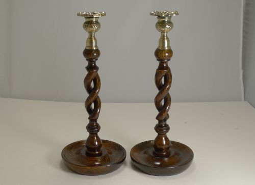 Pair Antique English Oak Open Barley Twist Candlesticks - Brass Thistle Tops