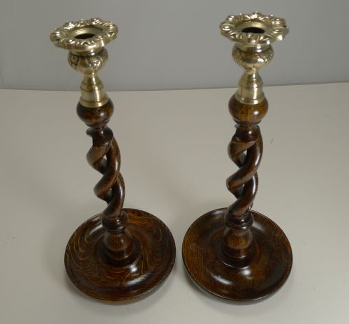 fig 1. Pair Antique English Oak Open Barley Twist Candlesticks - Brass Thistle Tops