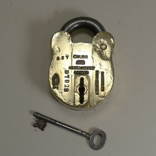 fig 1. Large Antique English Brass and Steel Padlock by Chubb, London c.1880