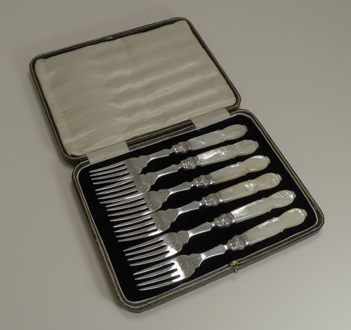 Antique English Sterling Silver & Mother of Pearl Cake or Desert Forks - 1873