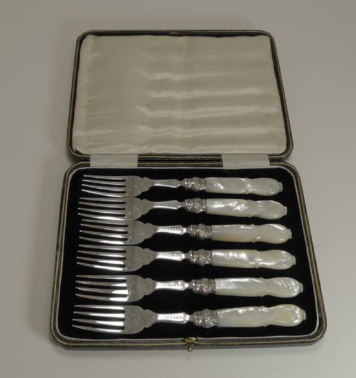 fig 1. Antique English Sterling Silver & Mother of Pearl Cake or Desert Forks - 1873