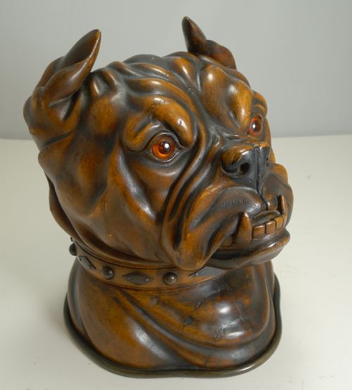 Finest Large Antique Tobacco Box in Fruitwood - English Bulldog C.1880