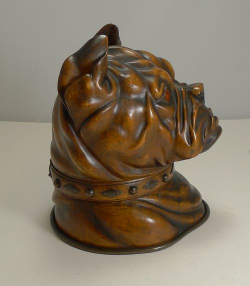fig 1. Finest Large Antique Tobacco Box in Fruitwood - English Bulldog c.1880