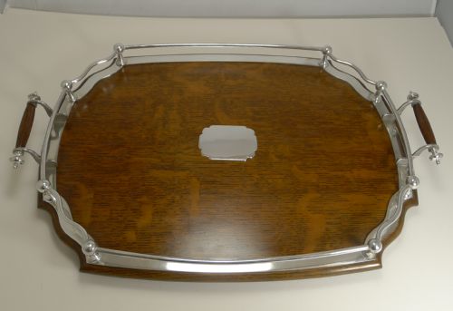 Antique English Oak and Silver Plate Drinks / Cocktail Tray C.1900
