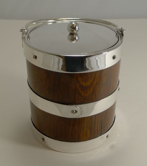 Antique English Oak and Silver Plate Biscuit Box / Ice Bucket C.1900