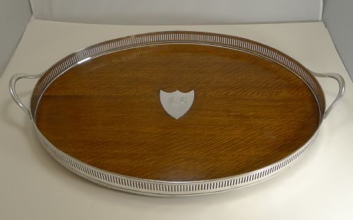 Large Antique English Oak & Silver Plate Cocktail / Serving Tray by John Grinsell