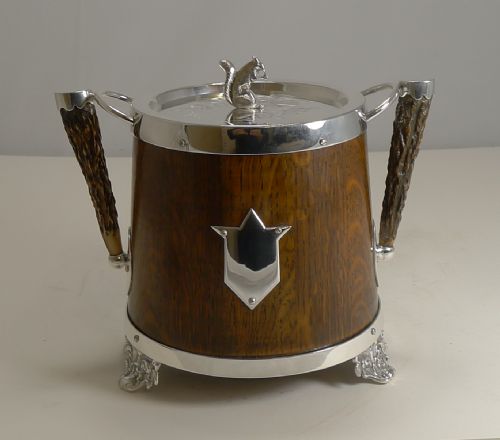 Antique English Oak and Silver Plate Biscuit Box / Barrel C.1900 - Squirrel